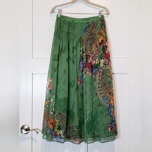 Soft Surroundings Maxi Skirt Pleated Green Floral Paisley Satiny Lined Size PXS
